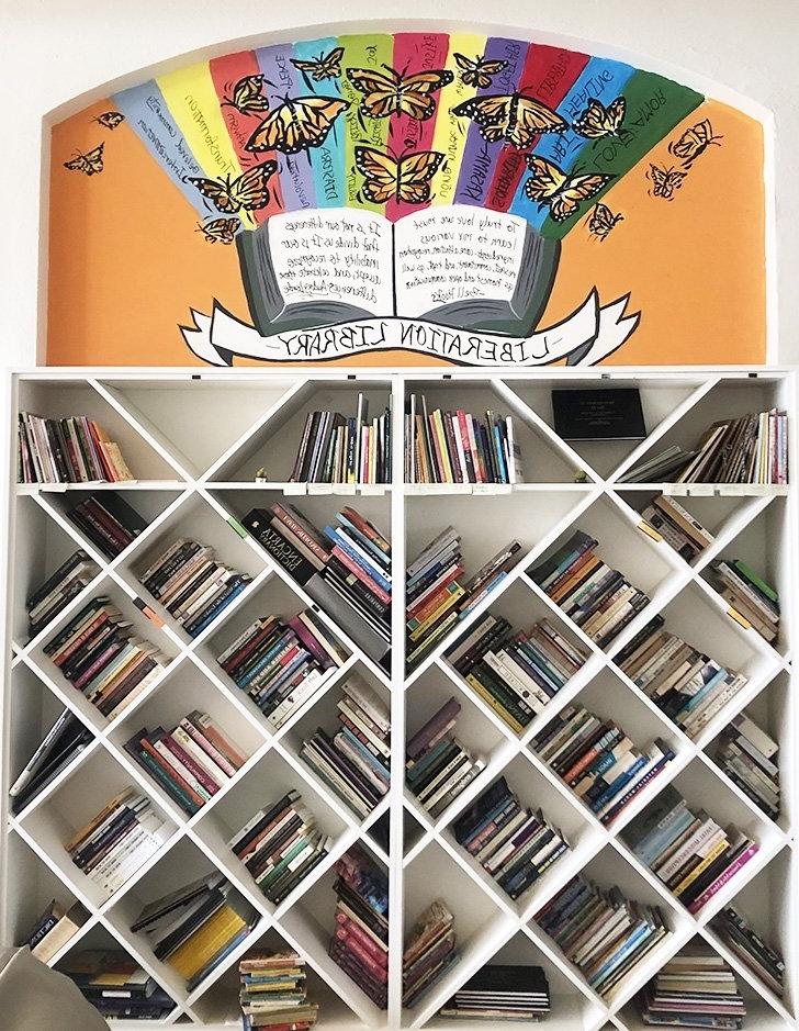 a tall white bookshelf is against the wall. Above it is bright mural with butterflies and rainbows with the words "libration library"